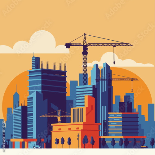 Cityscape construction site with cranes and buildings under development.