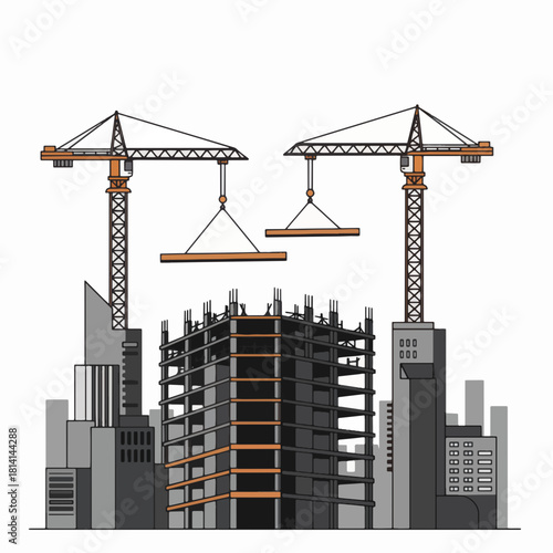 Construction Site with Cranes and Building Under Construction.