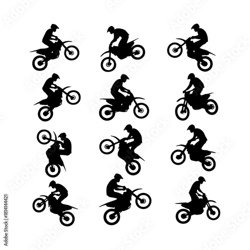Vector illustration of BMX bikers. BMX bike tricks silhouette set. A biker doing freestyle tricks on his motorcycle silhouette