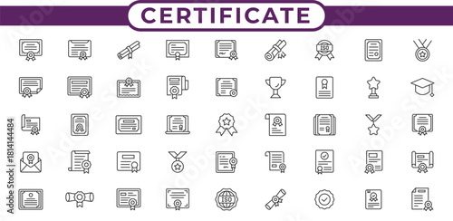 Certificate Line Icon Set. Award, Diploma, Achievement, Badge, Recognition and Document Outline Vector Pack. Professional Editable Stroke Icons for Certificates and Education Designs