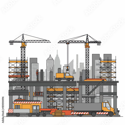 Detailed illustration of a bustling construction site with cranes and scaffolding.