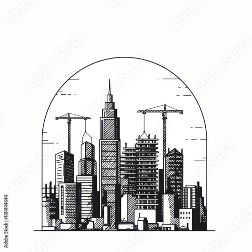 Urban skyline with construction cranes and skyscrapers in progress.