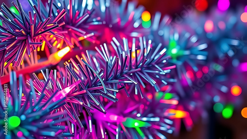 Artificial Christmas tree branch with purple needles and colorful led lights