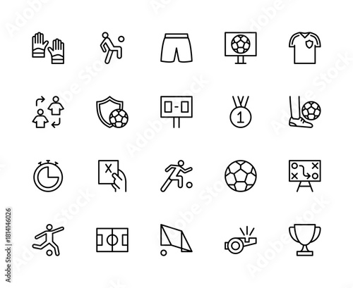 Football related vector linear icons set. Contains such icons as gloves, scoreboard, tactics, uniform, shirt, shorts, strategy, player substitution, gate, soccer, player, ball and more.