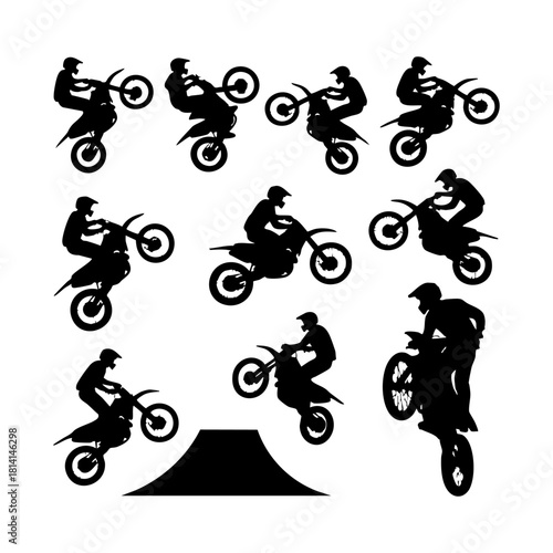 Vector illustration of BMX bikers. BMX bike tricks silhouette set. A biker doing freestyle tricks on his motorcycle silhouette