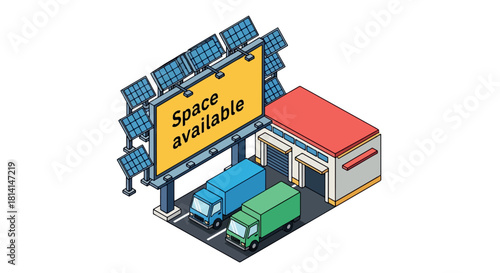 Isometric illustration of a billboard with solar panels, trucks, and a building.