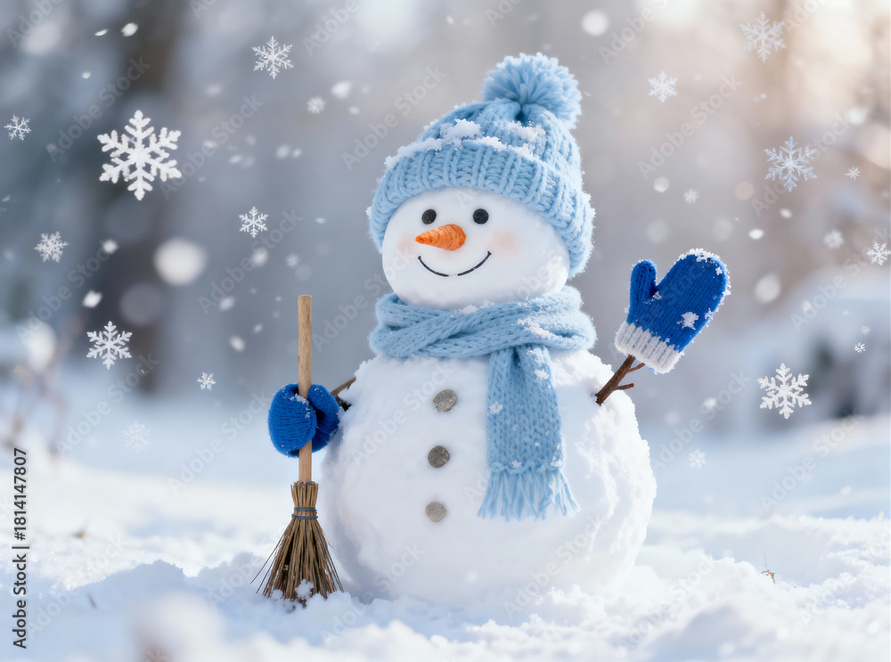 Fototapeta premium Charming Snowman With Blue Accessories in Winter Wonderland, Festive and Cheerful