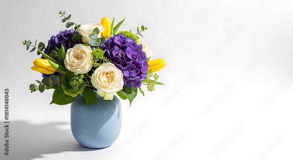 Naklejka premium Beautiful floral arrangement in a blue vase isolated on white background