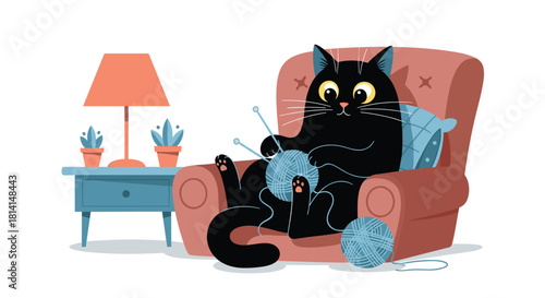A cozy cartoon illustration of a cute black cat relaxing in an armchair and knitting with a ball of blue wool yarn.