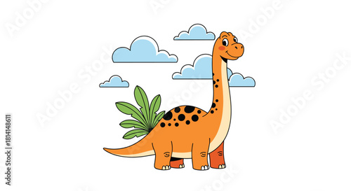 A cute cartoon orange brachiosaurus dinosaur with a long neck standing happily under fluffy clouds on a white background.
