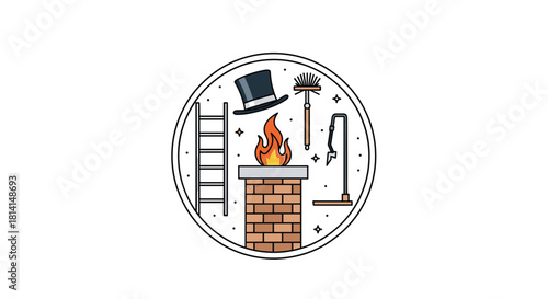 A professional logo or emblem for a chimney sweep service featuring a chimney fire top hat and tools in a circle.