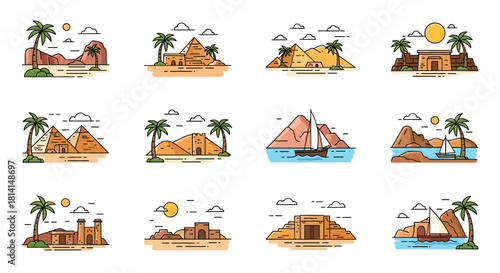 A collection of twelve line art icons representing famous Egyptian landmarks like pyramids temples and desert landscapes.