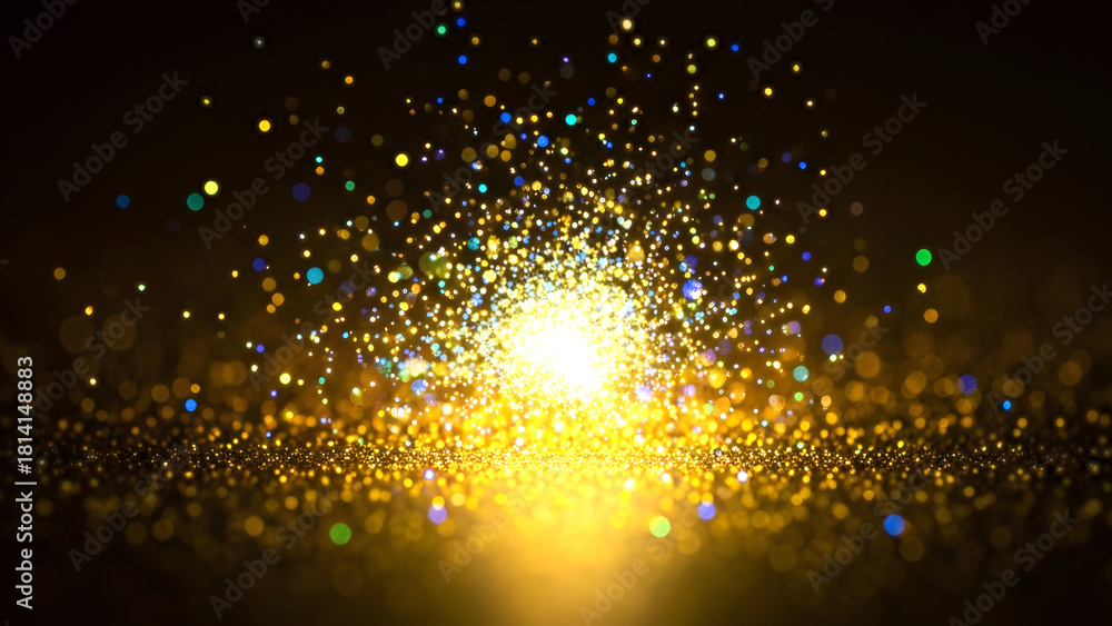 Fototapeta premium 黄金に輝く光の粒子とラグジュアリーな抽象背景 キラキラと煌めくゴールドのパーティクルと美しいボケ効果 宇宙やイルミネーションを連想させる幻想的な光の帯と塵