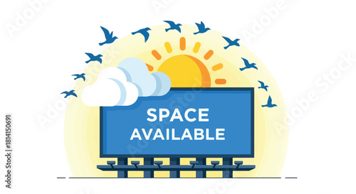 A vibrant illustration showcasing a billboard with the words "SPACE AVAILABLE" under a bright sun and birds.