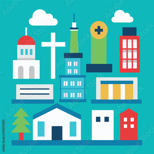 Building flat icon set. Editable Collection of office, hospital, mall, mosque, airport, factory, and more. Ideal for maps, apps, real estate, and city planning.