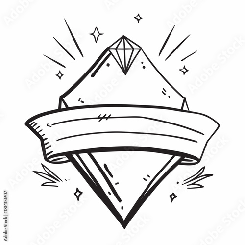 Hand drawn diamond emblem with banner isolated on