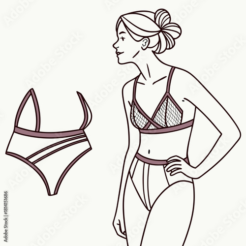 Line art drawing of a woman modeling a sheer lace bralette and panty set isolated on