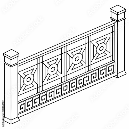 Isometric line drawing of a decorative metal railing section isolated on