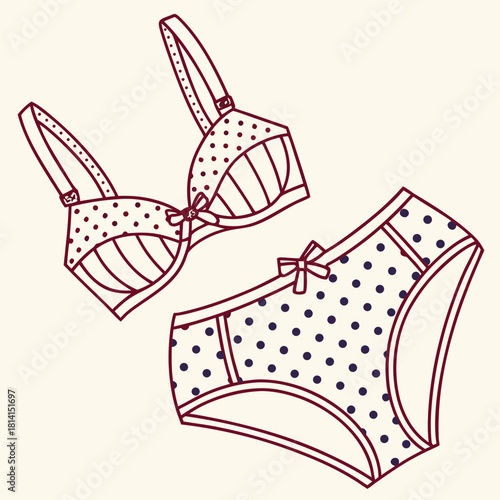 Line art drawing of a polka dot bra and panty set on light background