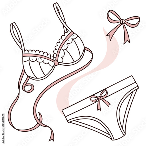 Line art illustration of pink trimmed bra and panty set isolated on