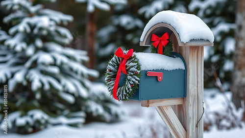 Blue mailbox decorated with Christmas wreath and red ribbon in snow