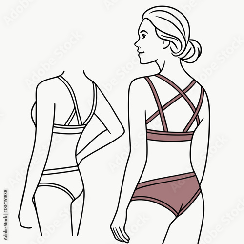 Line art illustration showing back view of woman wearing strappy bralette