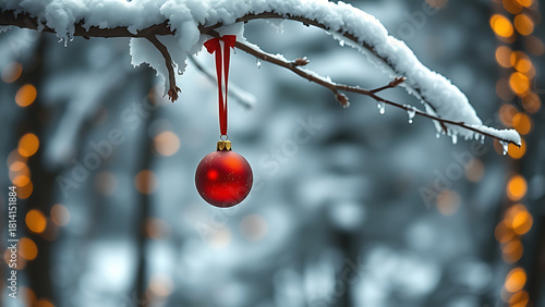 Red Christmas ornament hanging on snowy tree branch in winter forest