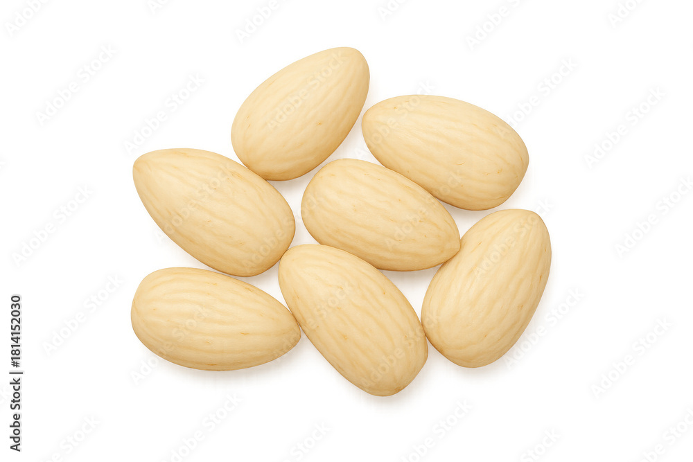 Obraz premium Blanched almond nuts piled, healthy snack ingredient ready for baking or cooking with transparent background