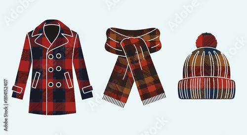 Illustration of plaid winter clothing coat scarf and beanie
