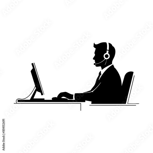 Call center and support team silhouettes. Customer service agent with headset on laptop, Customer support, Communication and feedback symbols