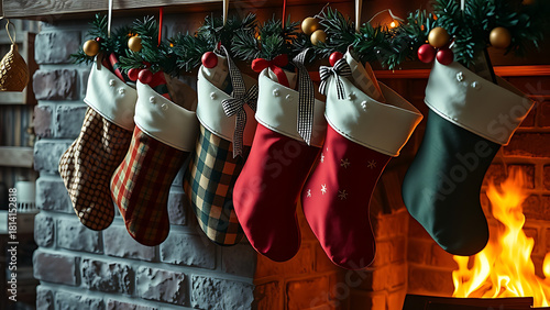 Christmas stockings hanging on brick fireplace mantel with warm fire