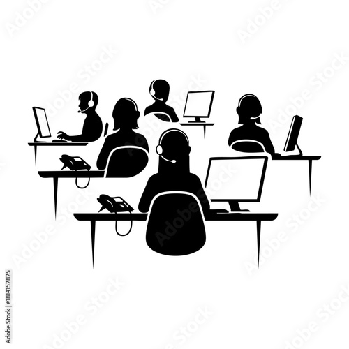 Call center and support team silhouettes. Customer service agent with headset on laptop, Customer support, Communication and feedback symbols