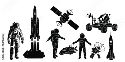 Space exploration and astronaut silhouettes rocket