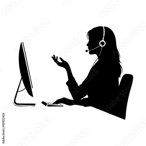 Call center and support team silhouettes. Customer service agent with headset on laptop, Customer support, Communication and feedback symbols