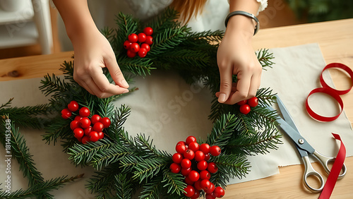 Hands making Christmas wreath with green fir branches and red berries