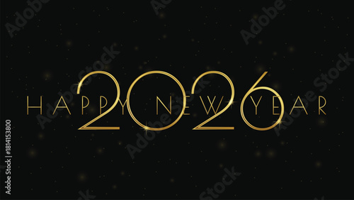 2026 happy new year golden numbers on black glitter background banner.