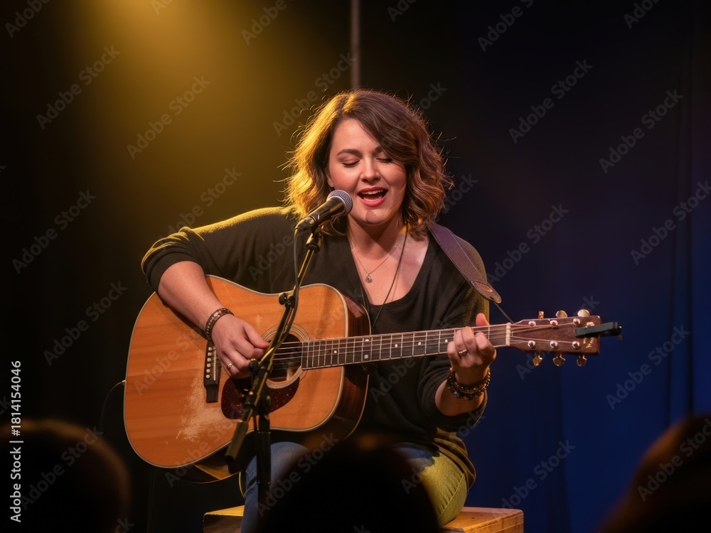 Obraz premium A female musician performs live on stage, singing into a microphone while playing an acoustic guitar under warm spotlighting.