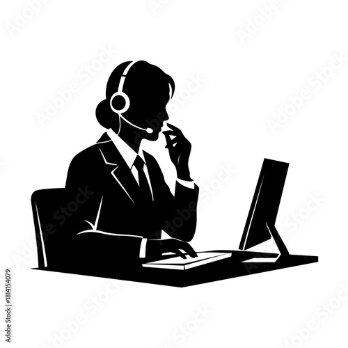 Call center and support team silhouettes. Customer service agent with headset on laptop, Customer support, Communication and feedback symbols