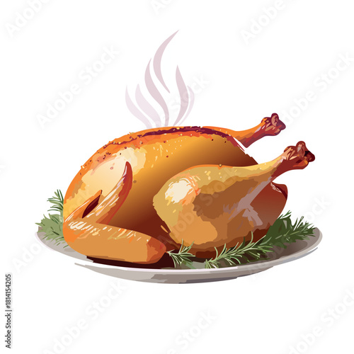 Realistic vector illustration of a freshly roasted chicken, golden crispy skin, visible hot steam rising from the chicken,