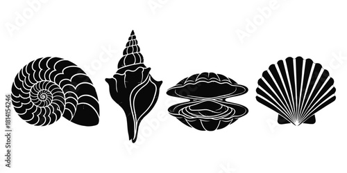 Black Silhouette Collection of Seashells and Nautilus Shell