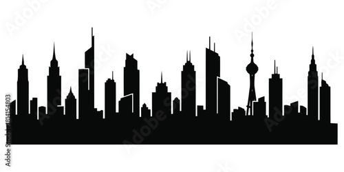 Black silhouette skyline of a modern city with diverse skyscrapers