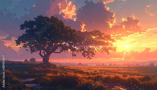 Fototapeta Naklejka Na Ścianę i Meble -  A serene meadow scene bathed in golden sunlight, featuring a large, solitary tree silhouetted against a radiant sunset