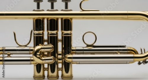 Close-up of a Shiny Trumpet A Detailed Shot of a Golden Musical Instrument Against a White Background