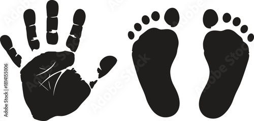 Black grunge handprint and baby footprints silhouette vector illustration, isolated human palm and feet ink stamp design on white background