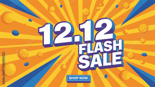 12.12 flash sale banner vector illustration, comic style sunburst background with 3D text design for end of year shopping promotion event