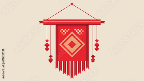 Decorative red ethnic banner with geometric patterns and tassels, hanging with red strings, isolated isolated on white background, Vector, illustration