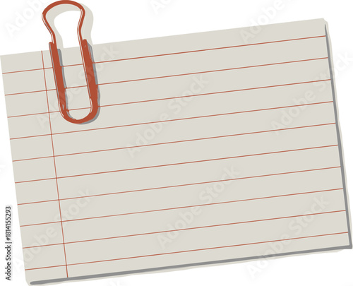 Blank lined paper sheet with red paperclip attached, vector note illustration isolated on white background for office memo or school reminder message