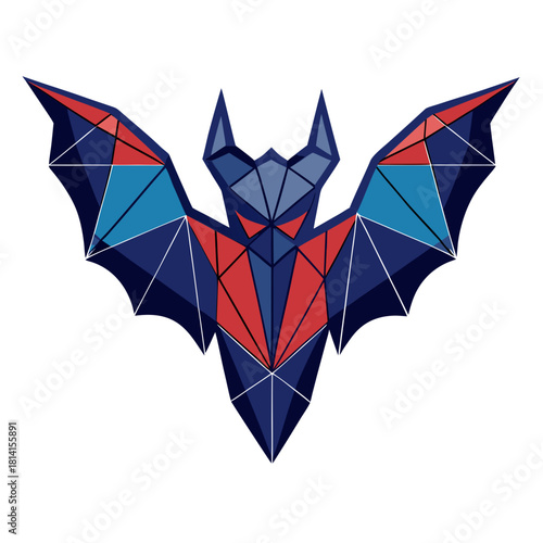 Geometric abstract bat symbol with blue, red, and dark blue facets, representing darkness and mystery. isolated on white background, Vector, illustration