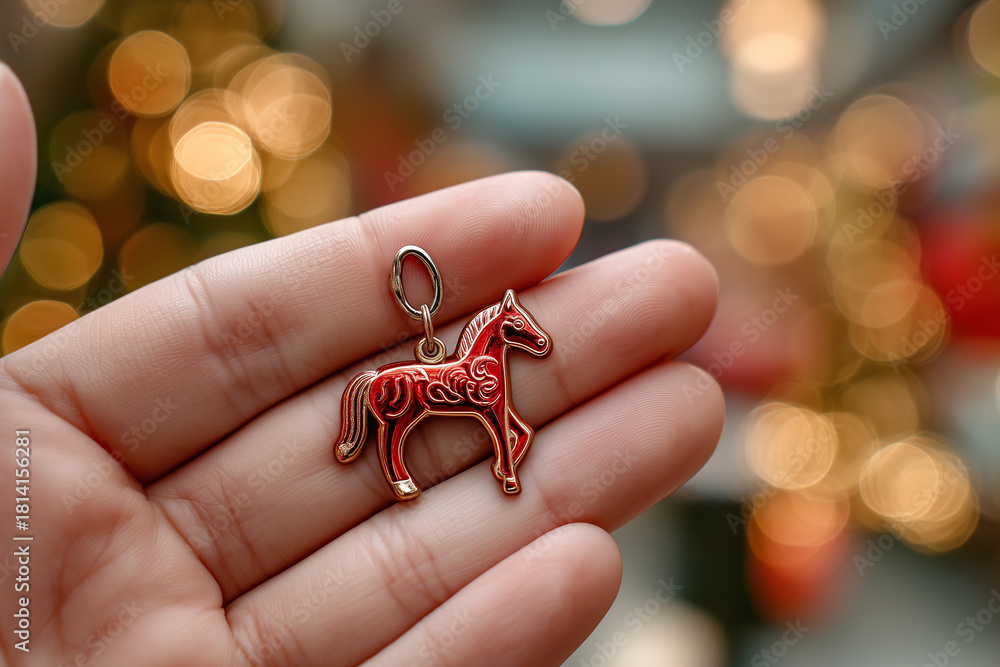 Obraz premium close-up hand holding small red horse charm representing Year of the Red Horse, warm festive background bokeh, 
