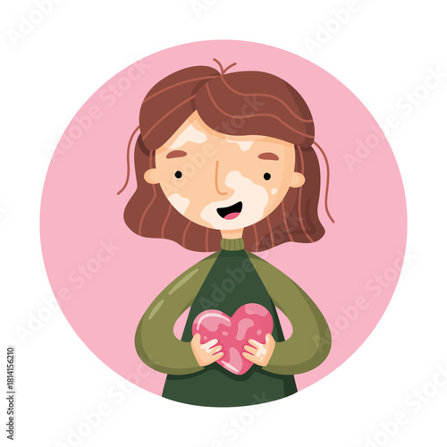 Happy vitiligo girl. Hand drawn young woman with skin disease. Concept to support people with skin problems. Body positive and self love. World Vitiligo day. Vector illustration in cartoon style.